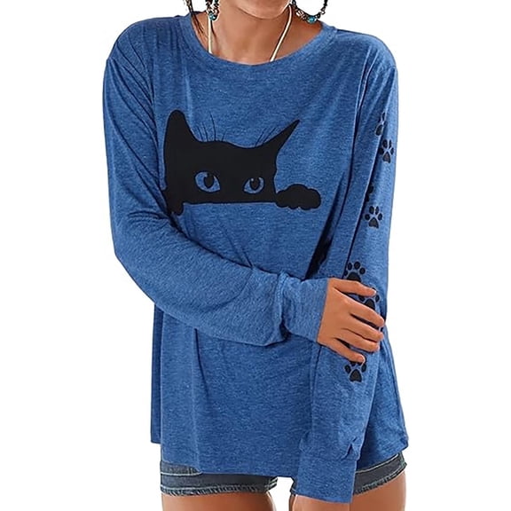 MOUSYA Funny Cat Shirts for Women - Peeping Halloween Black Cat Shirt Cute Cat Mom Long Sleeve Graphic Tees Teens Pullover Tops