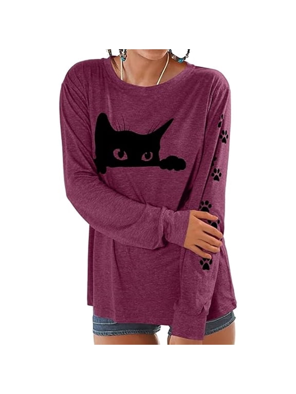 Funny Cat Shirts for Women - Peeping Halloween Black Cat Shirt Cute Cat Mom Long Sleeve Graphic Tees Teens Pullover Tops