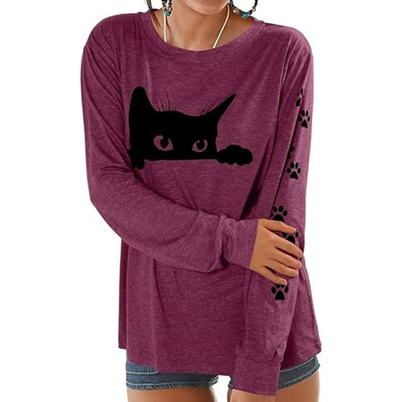 MOUSYA Funny Cat Shirts for Women - Peeping Halloween Black Cat Shirt Cute Cat Mom Long Sleeve Graphic Tees Teens Pullover Tops