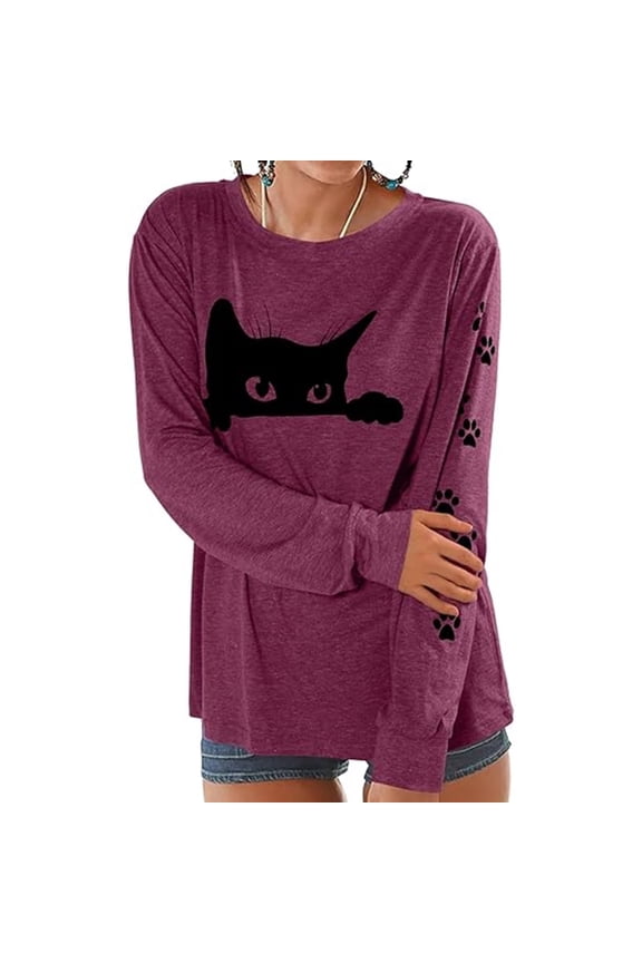 Funny Cat Shirts for Women - Peeping Halloween Black Cat Shirt Cute Cat Mom Long Sleeve Graphic Tees Teens Pullover Tops