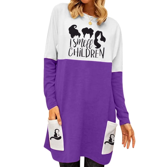 MOUSYA Halloween Shirt Dress Women I Smell Children Print Long Sleeve Tops Color Block Sweatshirt with Pockets