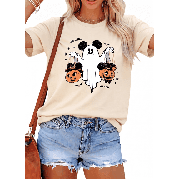 MOUSYA Halloween Pumpkin Shirts for Women: Cute Ghost T-Shirt Casual Fall Spooky Season Graphic Short Sleeve Graphic Tee Tops