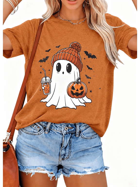 Halloween Shirts for Women Cute Ghost Shirt Fall Pumpkin T-Shirt Coffee Lover Graphic Tees Casual Short Sleeve Tops