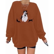 MOUSYA Halloween Spooky Season Sweatshirt Women Oversized Black Cat Ghost Sweatshirts Fall Embroidered Pullover Top