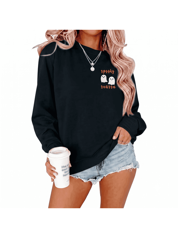 Halloween Sweatshirt Women Cute Spooky Season Sweatshirts Ghost Fall Embroidered Sweater Pullover Top