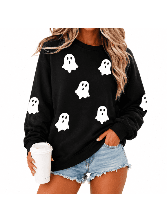 Halloween Sweatshirts for Women White Ghost Graphic Crewneck Pullover Shirt Spooky Fall Party Top