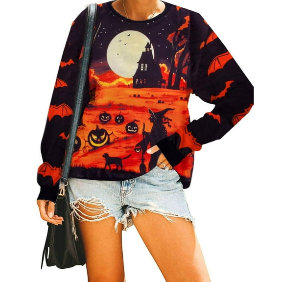 MOUSYA Halloween Sweatshirts for Women Witch Pumpkin Castle Graphic Pullover Long Sleeve Casual Fall Tops