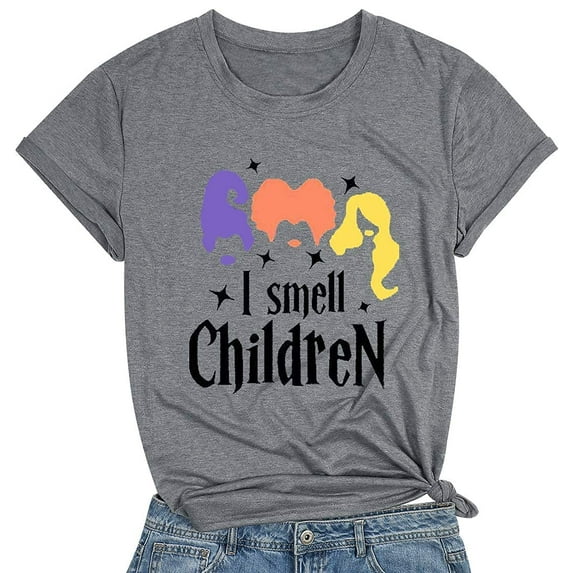 MOUSYA Halloween T-Shirt Women I Smell Children Letter Print Casual Shirt Hocus Pocus Graphic Fall Tee Tops