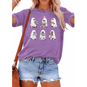 MOUSYA Womens Halloween Teacher Shirt   Ghost Reading Books Funny Spooky Bookish Graphic Tee, Short Sleeve Top for Halloween Party