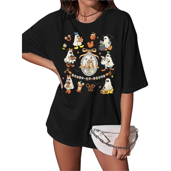 MOUSYA Women Oversized Halloween T‑Shirt, Cute Ghost Castle Graphic Short Sleeve Casual Fall Loose Tops