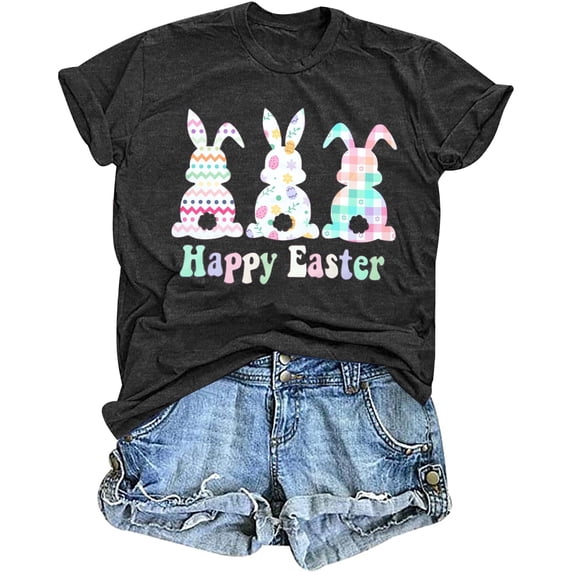 MOUSYA Happy Easter Shirts for Women: Bunny Shirt Easter Tshirt Rabbit Graphic T Shirts Casual Short Sleeve Tops