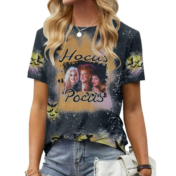 MOUSYA Hocus Pocus Shirt Women Funny Sanderson Sisters Graphic Tee Casual Fall Shirt Halloween Bleach Dye Tops