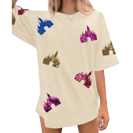 MOUSYA Magic Kingdom Shirts for Women Sequin Top Colorful Castle Graphic Tshirt Holiday Vacation Shirt Funny Cute Tee Tops price history and forecast - MOUSYA
