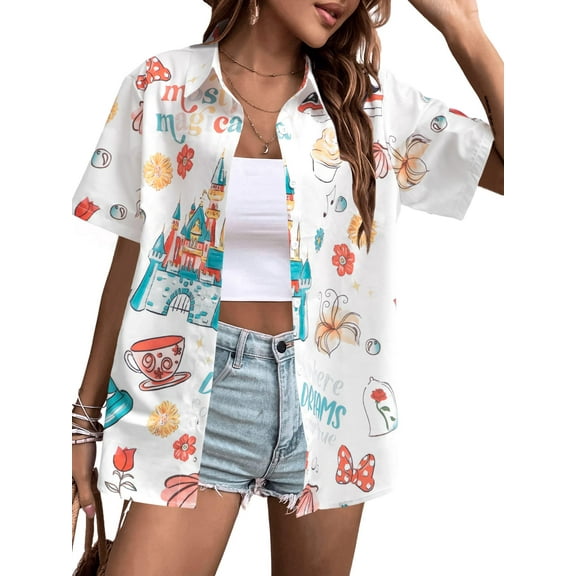 MOUSYA Magical Shirt for Women Magic Kingdom T-shirt Hawaiian Shirts Funny Castle Graphic Tee Family Holiday Vacation Button Up Tops