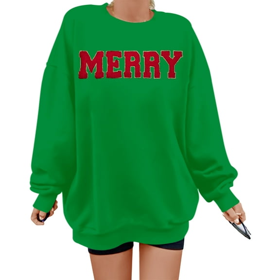 MOUSYA Merry Sweatshirt Women Christmas Glitter Patch Merry Shirt Merry Letter Print Long Sleeve Oversized Pullover Tops