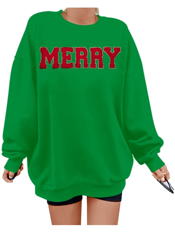 Merry Sweatshirt Women Christmas Glitter Patch Merry Shirt Merry Letter Print Long Sleeve Oversized Pullover Tops