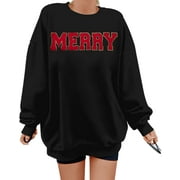 MOUSYA Merry Sweatshirt Women Christmas Glitter Patch Merry Shirt Merry Letter Print Long Sleeve Oversized Pullover Tops