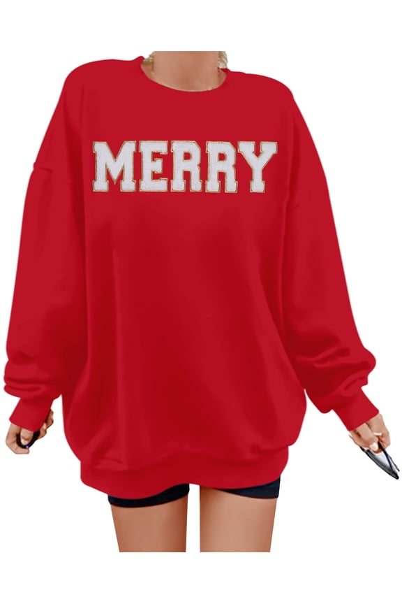 Merry Sweatshirt Women Christmas Glitter Patch Merry Shirt Merry Letter Print Long Sleeve Oversized Pullover Tops