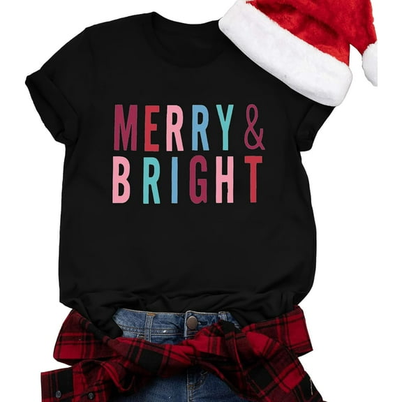 MOUSYA Merry and Bright Shirt Women Merry Christmas Tee Letter Print Casual Short Sleeve Tops Tees
