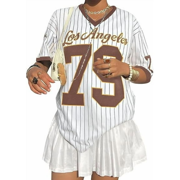 MOUSYA Oversized Jersey Shirts for Women V Neck Tshirt Striped Number Graphic Shirt Casual Y2k Streetwear Tee Tops