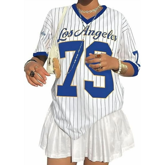 MOUSYA Oversized Jersey Shirts for Women V Neck Tshirt Striped Number Graphic Shirt Casual Y2k Streetwear Tee Tops