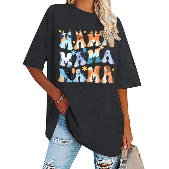 MOUSYA Oversized Mama Shirt Woman Mama Letter Print T-shirt Trendy Mama Shirts Mom Graphic Tees Loose Short Sleeve Tops