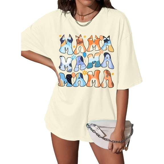 MOUSYA Oversized Mama Shirt Woman Mama Letter Print T-shirt Trendy Mama Shirts Mom Graphic Tees Loose Short Sleeve Tops