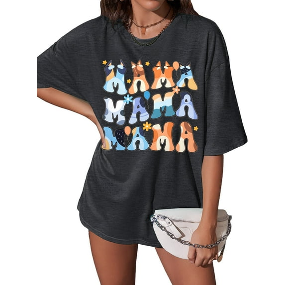 MOUSYA Oversized Mama Shirt Woman Mama Letter Print T-shirt Trendy Mama Shirts Mom Graphic Tees Loose Short Sleeve Tops