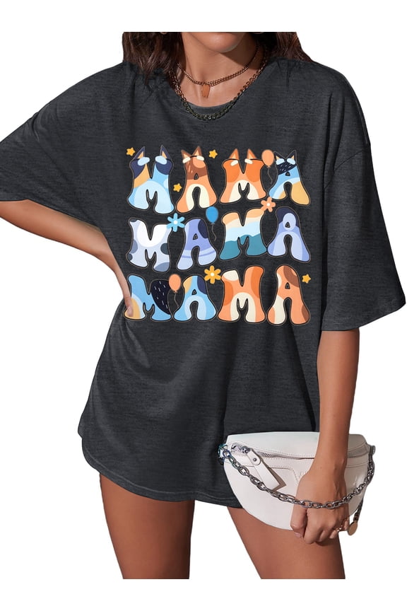 Oversized Mama Shirt Woman Mama Letter Print T-shirt Trendy Mama Shirts Mom Graphic Tees Loose Short Sleeve Tops