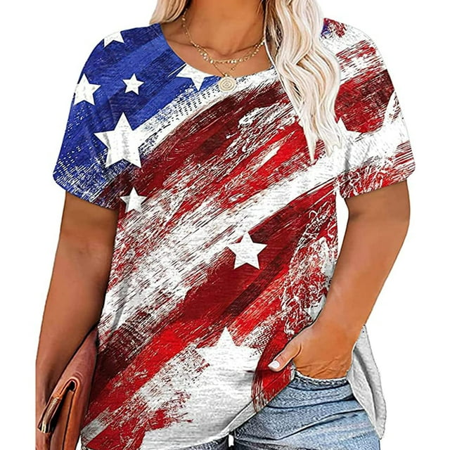 MOUSYA Plus Size American Flag Shirt Women 4th of July Tee Shirt USA ...