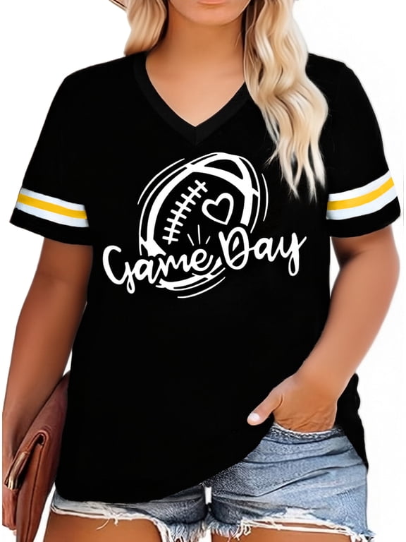 Plus Size Football T-shirts for Women Game Day Pro V Neck Cute Football Graphic Tees Short Sleeve Top,2X