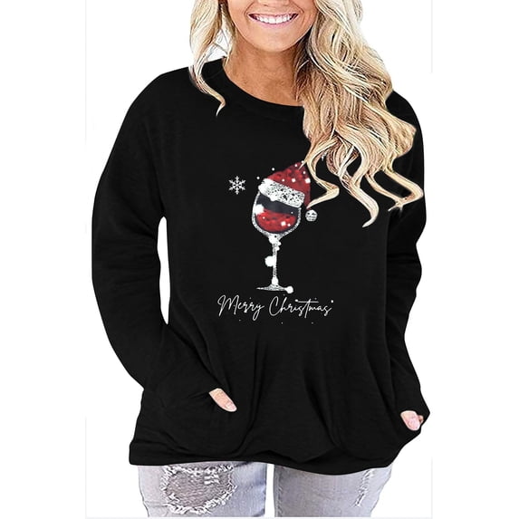 MOUSYA Plus Size Merry Christmas Sweatshirt for Women Fall Crewneck Sweatshirt with Pocket Funny Red Wine Glass Christmas Shirt Xmas Santa Hat Graphic Pullover Blouse Tops,4X