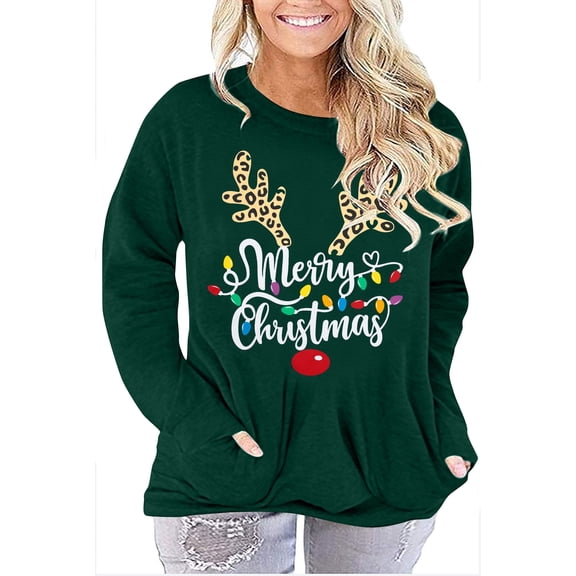MOUSYA Plus Size Merry Christmas Sweatshirt for Women Fall Crewneck Sweatshirt with Pocket Funny Reindeer Christmas Shirt for Women Merry Christmas Graphic Oversized Long Sleeve Tops,2X