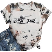 MOUSYA Retro Rodeo Shirt Women Cowgirl Bleached T Shirt Western Cowboy Rodeo Outfit Country Music Tee Short Sleeve Top
