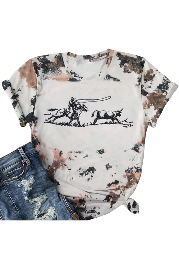 Retro Rodeo Shirt Women Cowgirl Bleached T Shirt Western Cowboy Rodeo Outfit Country Music Tee Short Sleeve Top