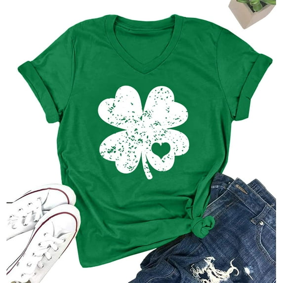 MOUSYA St. Patrick Day Green Shamrock Tee Shirt Women Clover Vintage Tee Top Four Leaf Retro V Neck T Shirts (Green,L)