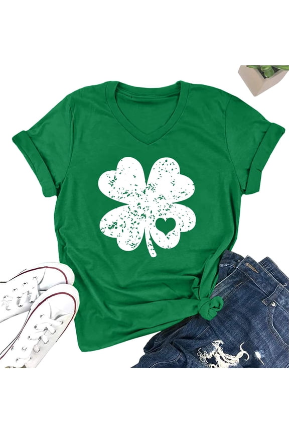 St. Patrick Day Green Shamrock Tee Shirt Women Clover Vintage Tee Top Four Leaf Retro V Neck T Shirts (Green,L)