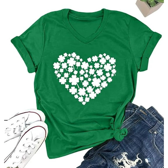 MOUSYA St. Patrick Day Green Shamrock Tee Shirt Women Clover Vintage Tee Top Four Leaf Retro V Neck T Shirts