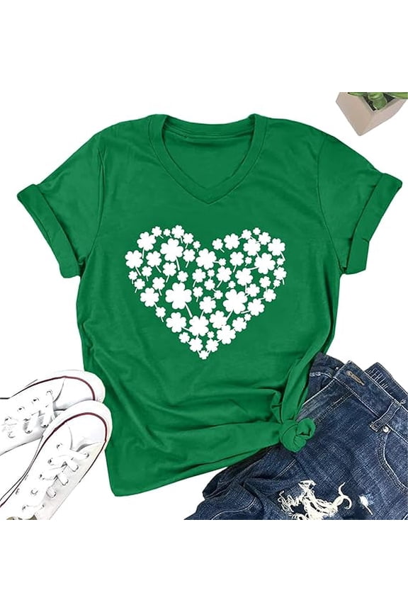 St. Patrick Day Green Shamrock Tee Shirt Women Clover Vintage Tee Top Four Leaf Retro V Neck T Shirts