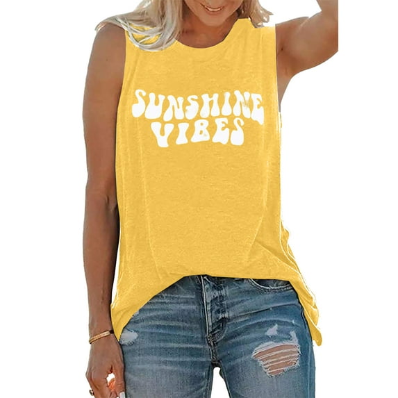 MOUSYA Sunshine Vibes Letter Print Vest T Shirt Women's Summer Sleeveless Graphic Tank Tops Casual Loose Workout Tees