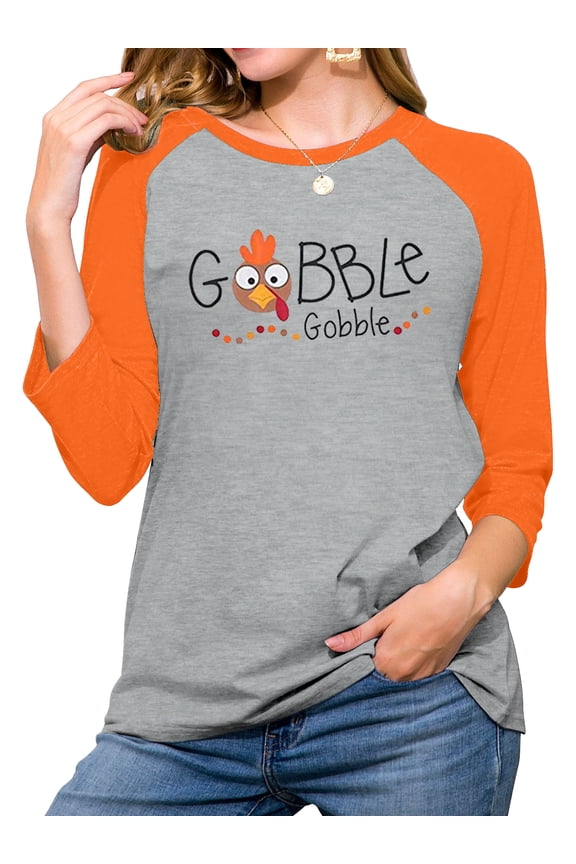 Thanksgiving Gobble Shirt Funny Turkey Graphic Tshirt Women Letter Print Raglan Long Sleeve Tee Tops