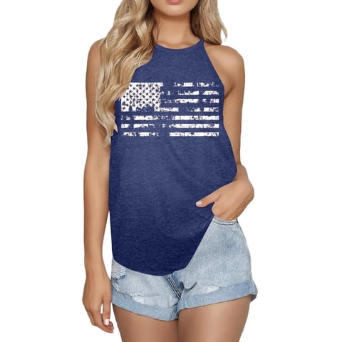 USA Flag Tank Top Women Halter Sleeveless Tops Patriotic 4th of July Shirts Distressed Graphic Summer Racerback Vest