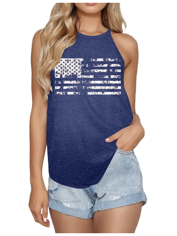 USA Flag Tank Top Women Halter Sleeveless Tops Patriotic 4th of July Shirts Distressed Graphic Summer Racerback Vest