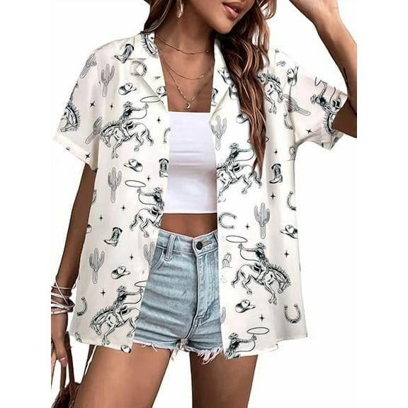 MOUSYA Western Button Down Shirt Women: Cowgirl Short Sleeve Boho Tops Hawaiian Tropical Graphic Tees Summer Vacation Outfit