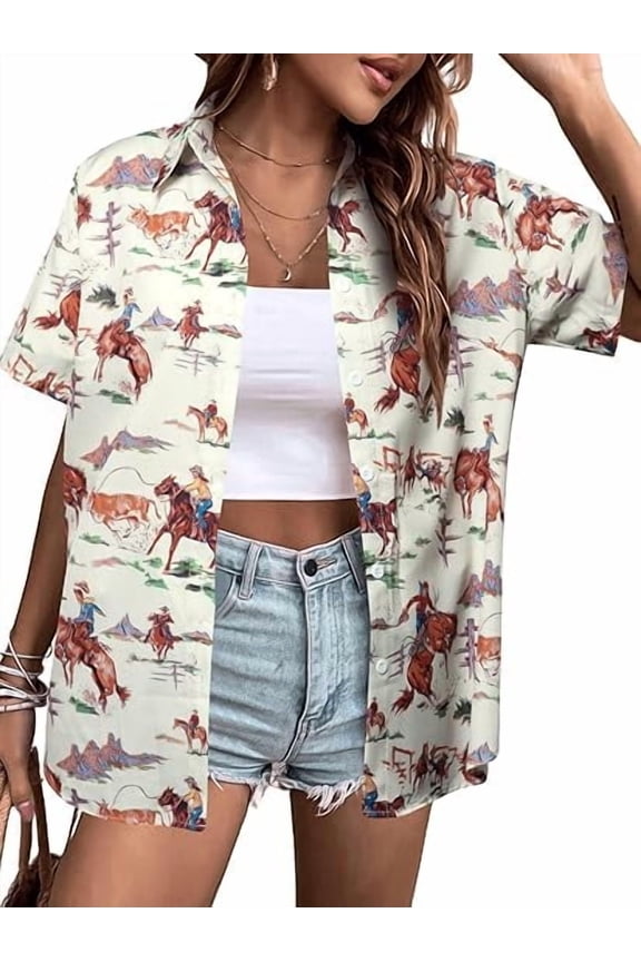 Western Button Up Shirts Women: Retro Cowgirl Shirt Rodeo Tops Hawaiian Summer Vacation Short Sleeve Top Blouses