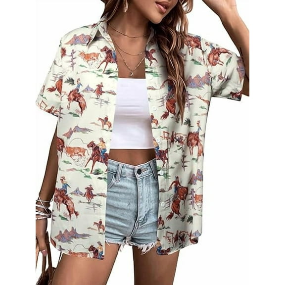 MOUSYA Western Button Up Shirts Women: Retro Cowgirl Shirt Rodeo Tops Hawaiian Summer Vacation Short Sleeve Top Blouses