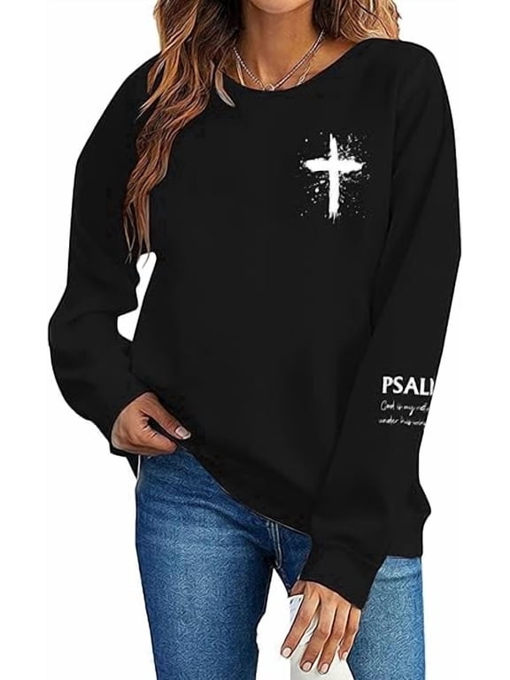 Women Christian Sweatshirt Psalms 91 Sleeve Print Sweatshirt Bible Verse Pullover