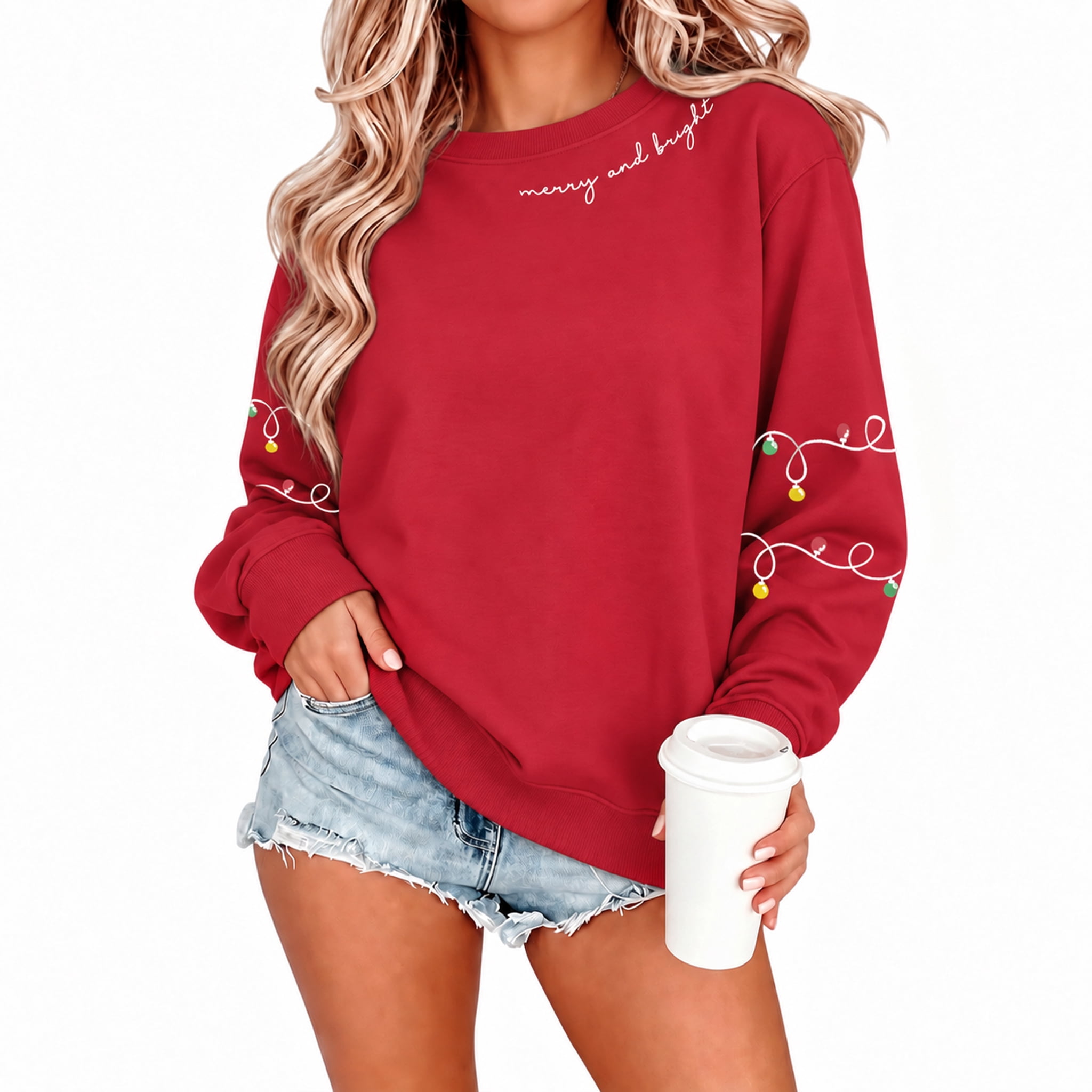 Long Countertop Design MOUSYA Women Christmas Light Design Crewneck Sweatshirt Red Long Sleeve ...