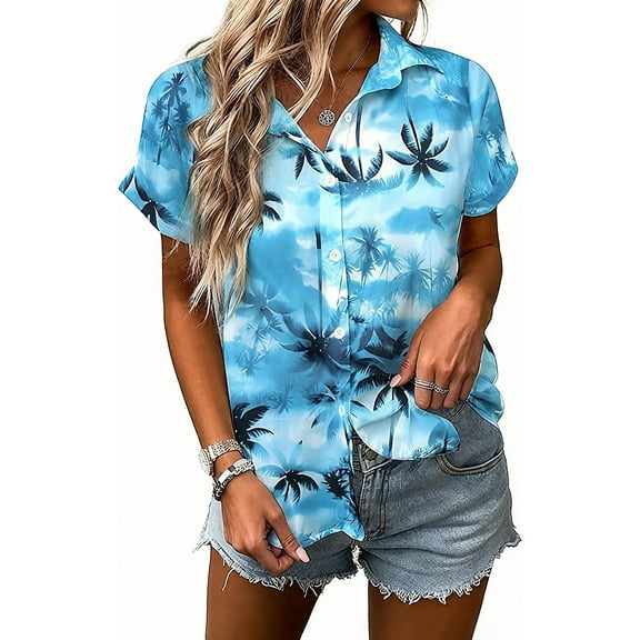 MOUSYA Women Hawaiian Shirt Soft Cool Summer Hawaii Tshirts Beach Tropic Print V Neck Button up Tops Floral Short Sleeve Tops
