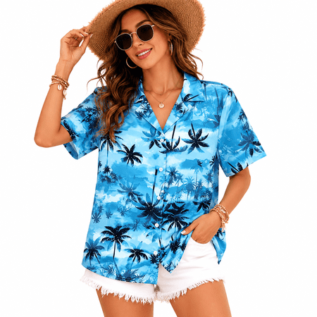 MOUSYA Women Hawaiian Shirt Soft Cool Summer Hawaii Tshirts Beach Tropic Print V Neck Button up Tops Floral Short Sleeve Tops